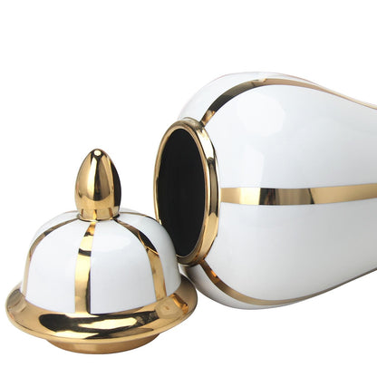 White Linear Gilded Ginger Jar With Removable Lid