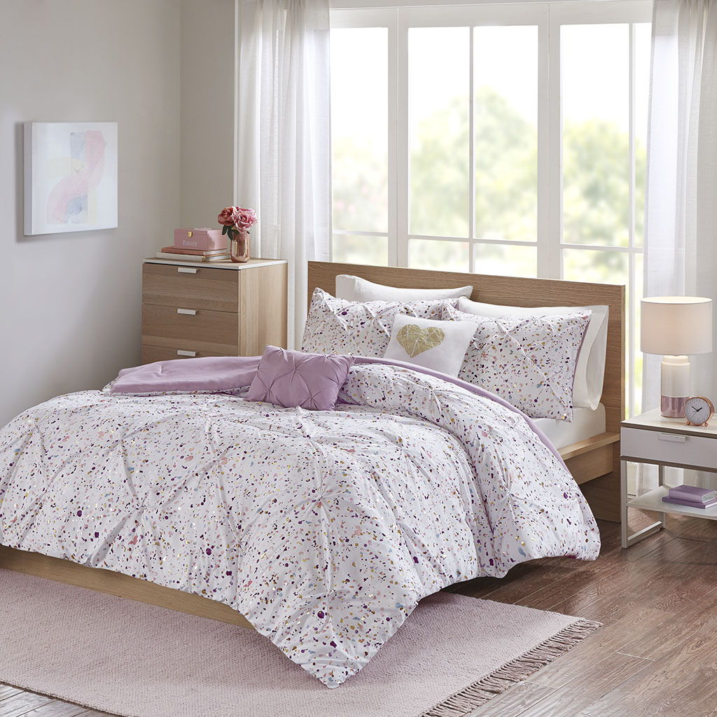 Metallic Printed And Pintucked Comforter Plum