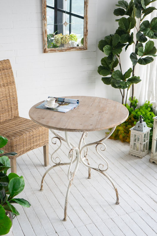 Round Wooden Table With Metal Scrollwork Legs - White