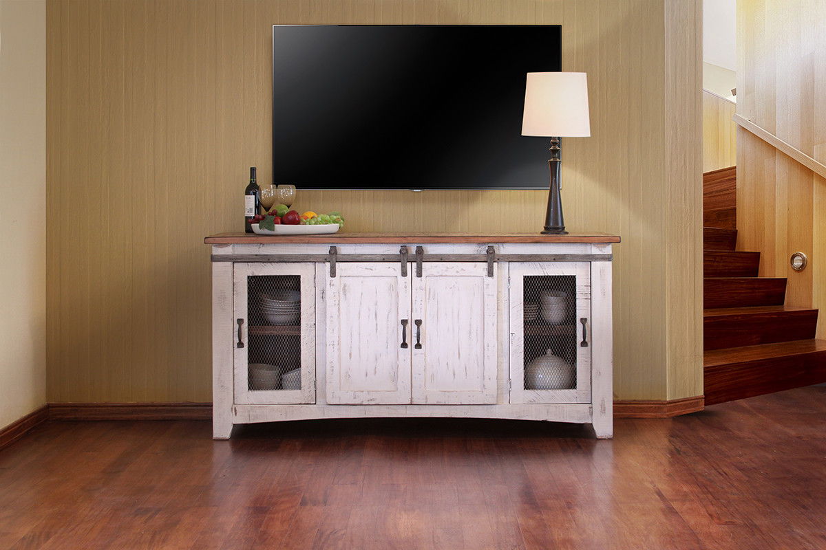 Wood Cabinet Enclosed Storage Distressed TV Stand - White