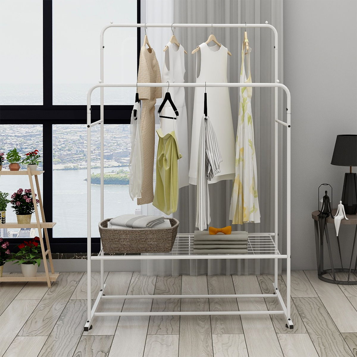 Garment Rack Freestanding Hanger Double Rods Multi-Functional Bedroom Clothing Rack White