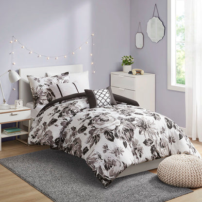 Dorsey Twin Long Floral Print Comforter Set - Gray