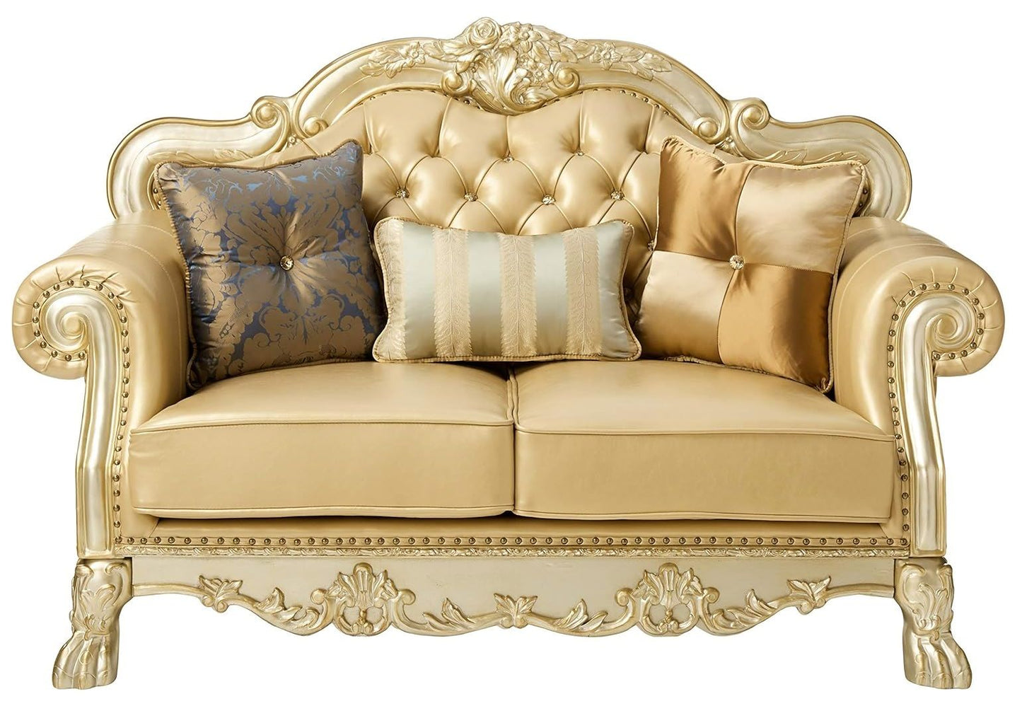 Faux Leather Loveseat And Toss Pillows - Bone / Gold