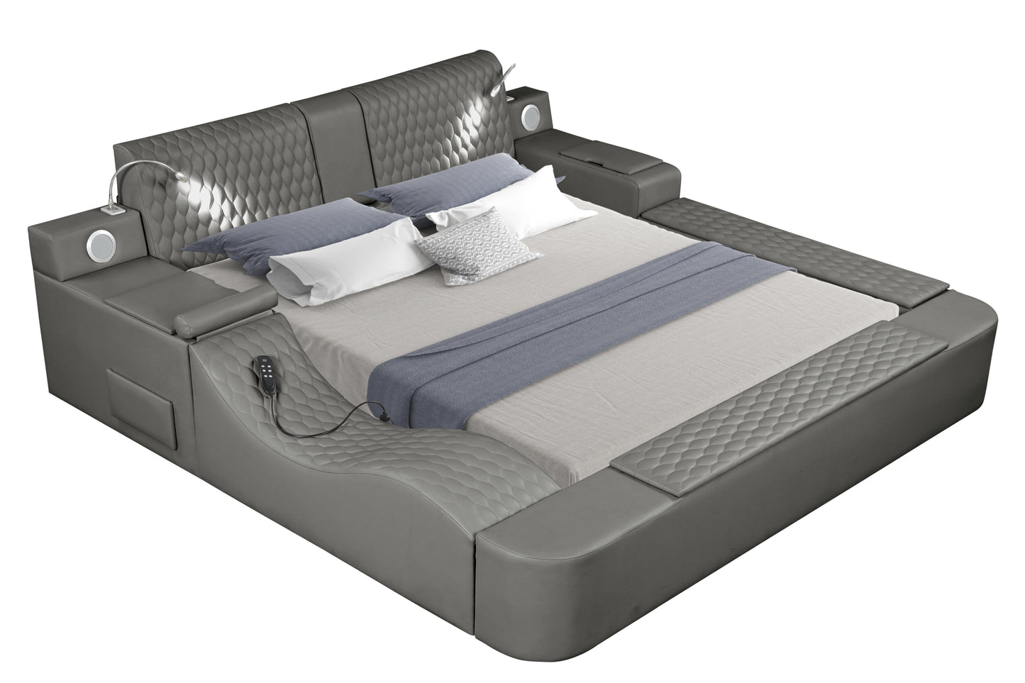 Zoya Smart Multifunctional King Size Bed Made with Wood in Gray