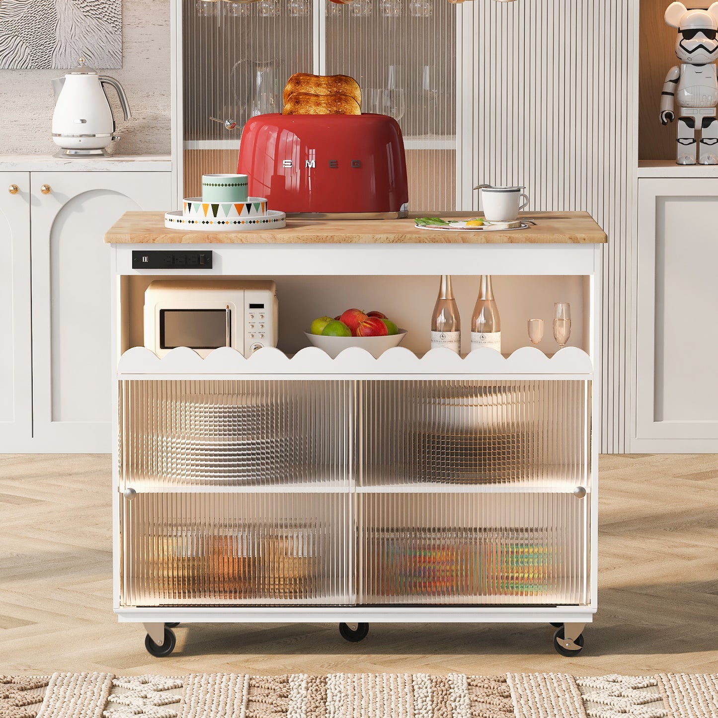 Kitchen Island with Drop Leaf, LED Light Kitchen Cart on Wheels with Power Outlets, 2 Sliding Fluted Glass Doors, Large Kitchen Island Cart with 2 Cabinet and 1 open Shelf (White)