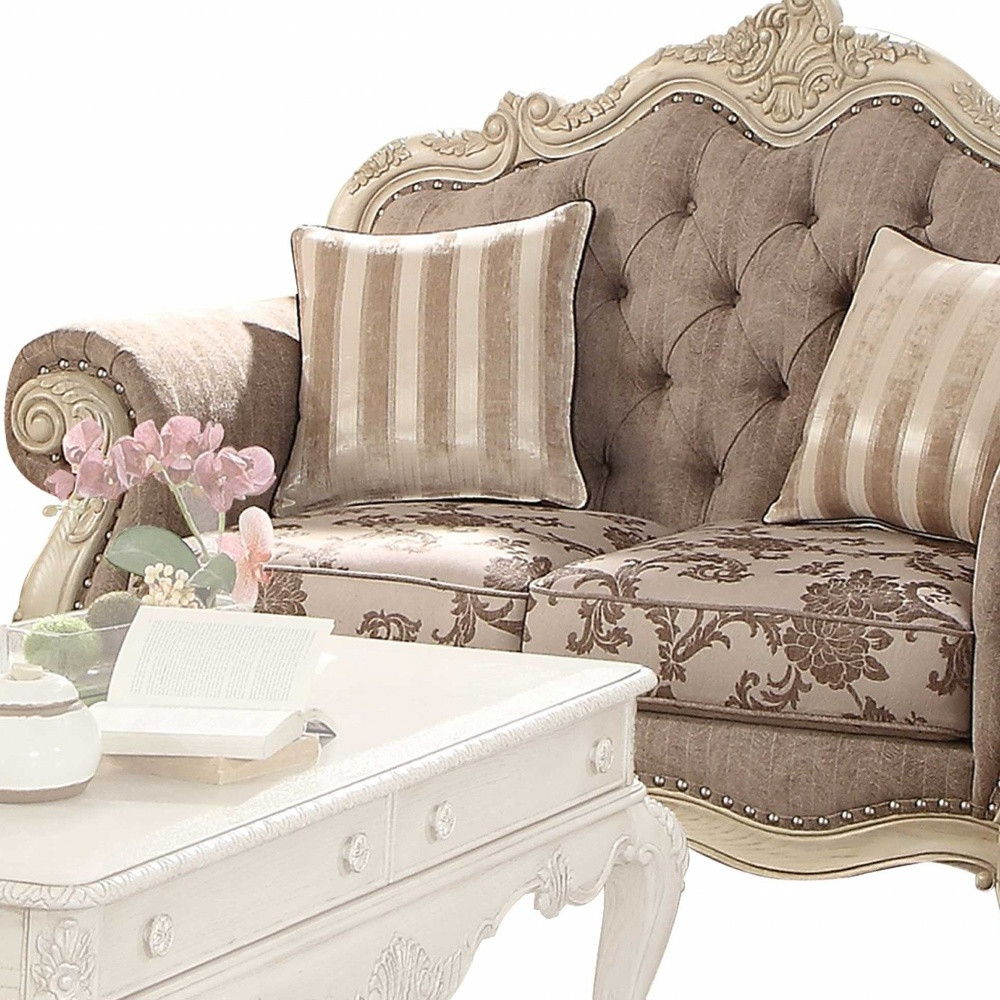 Damask Chesterfield Loveseat And Toss Pillows - Gray / Off White