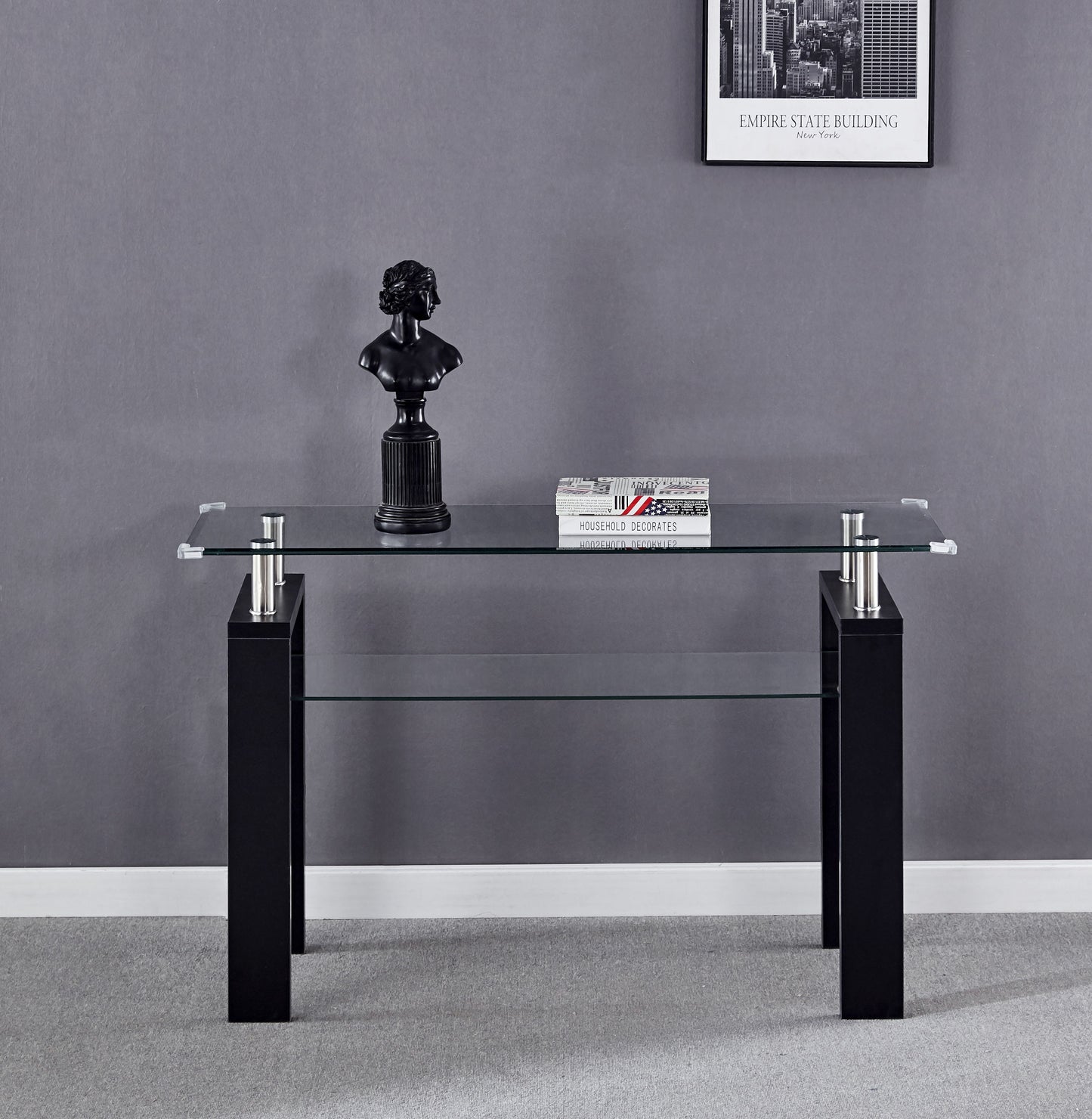 MDF Console Table, Tempered Glass Top, Modern Foyer Area Table - Black