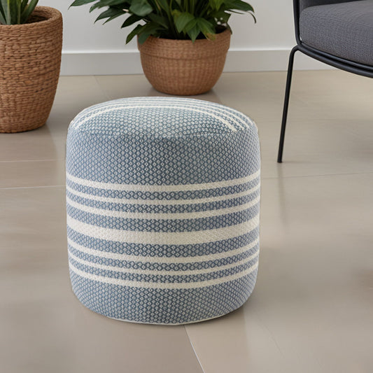 Polyester Round Striped Indoor Outdoor Pouf Ottoman - Blue