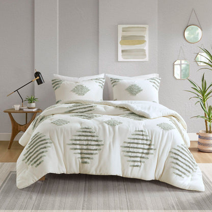 3 Piece Cotton Blend Chenille Comforter Set - Green / Ivory