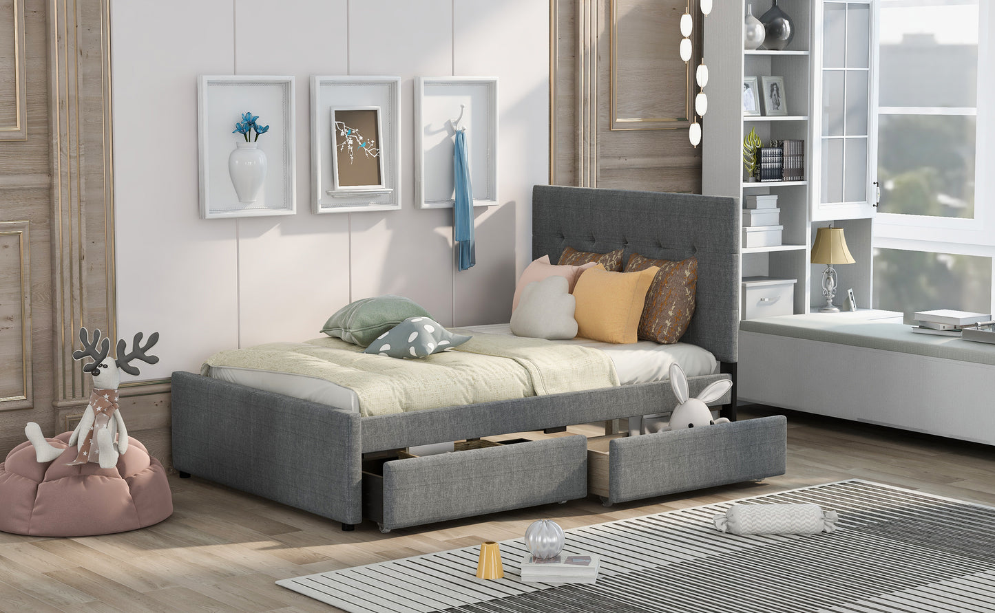 Linen Upholstered Platform Bed With Headboard and Two Drawers, Full(Old SKU: SM000505AAE)