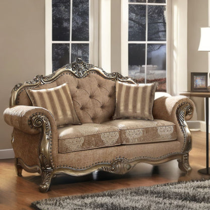 Damask Chesterfield Loveseat - Brown / Platinum