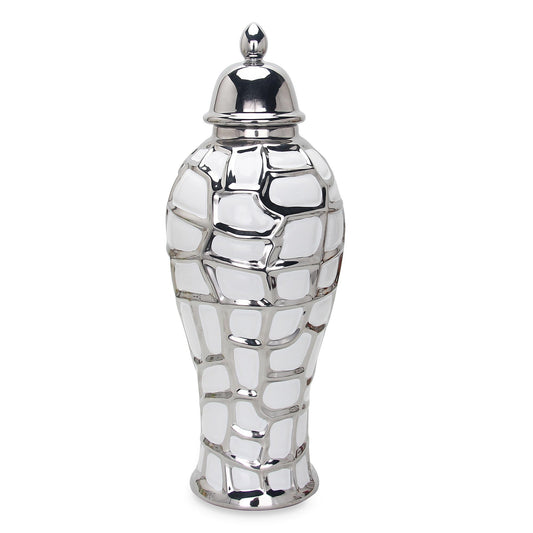 Regal White And Silver Ceramic Decorative Ginger Jar