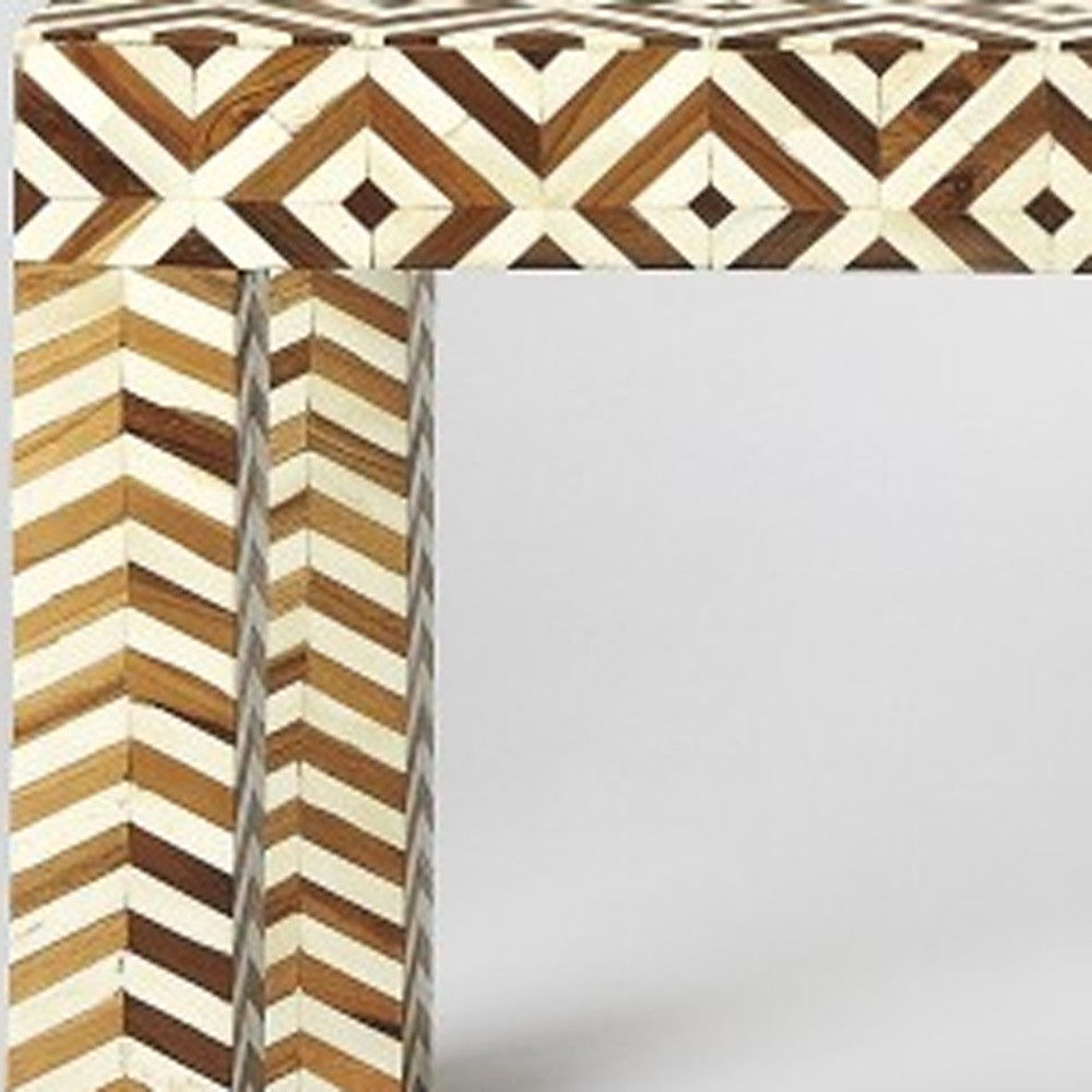 Teak And Bone Inlay Bench - Geo / Chevron