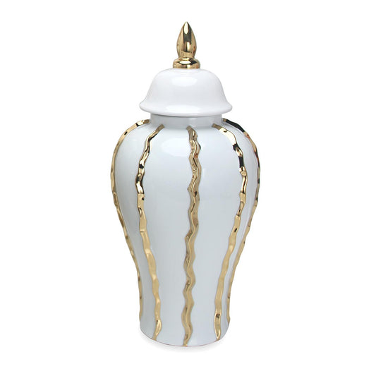 Elegant White Ceramic Ginger Jar With Gold Accents - Timeless Home Decor