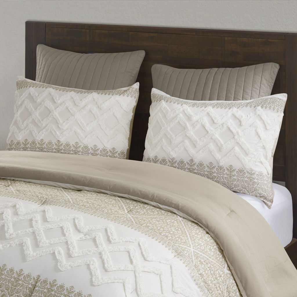 3 Piece Cotton Comforter Set With Chenille Tufting, Taupe