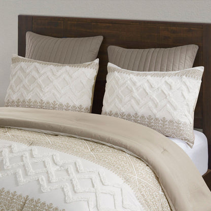 3 Piece Cotton Comforter Set With Chenille Tufting, Taupe