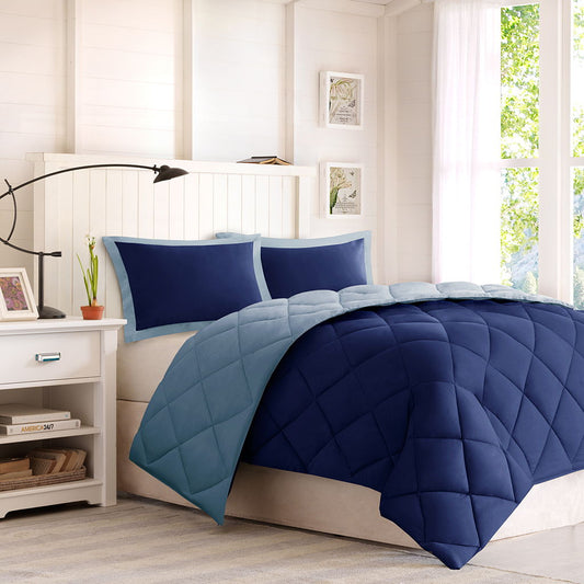 Queen Larkspur 3M Scotchgard Diamond Quilting Reversible Down Alternative Comforter Set - Blue