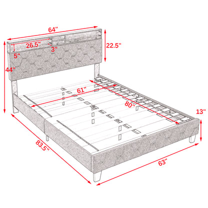 Queen Size Bed Frame, Shelf Upholstered Headboard, Platform Bed with Outlet & USB Ports, Wood Legs, No Box Spring Needed, Easy Assembly, Grey