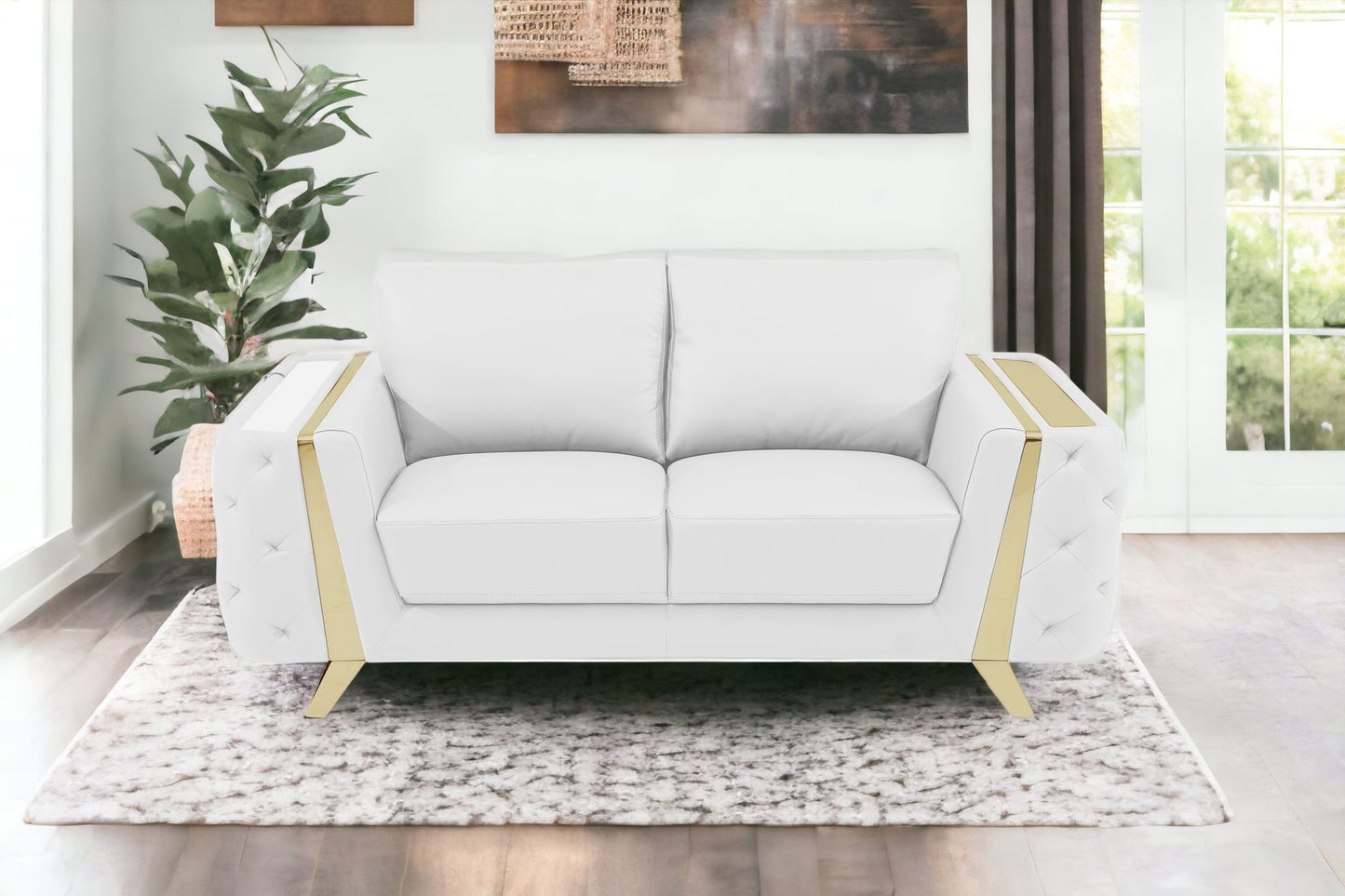 Genuine Leather Loveseat - White / Gold