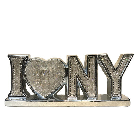 I Love New York Ceramic Chrome Plated Table Top In Diamond Incrustation (20 In X 4 In X 8 In) - Silver