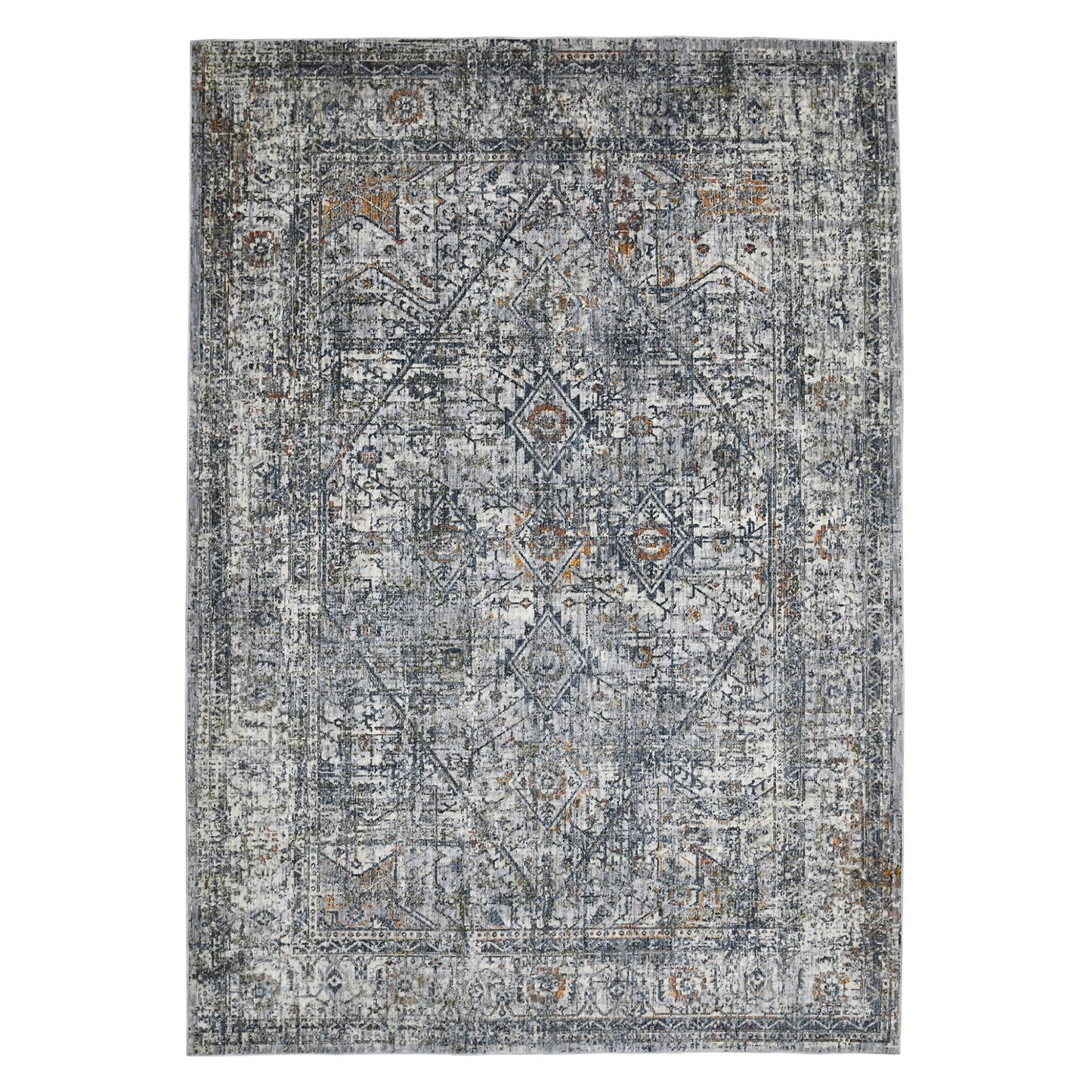 9' x 12' Oriental Power Loom Area Rug - Ivory Gray And Orange