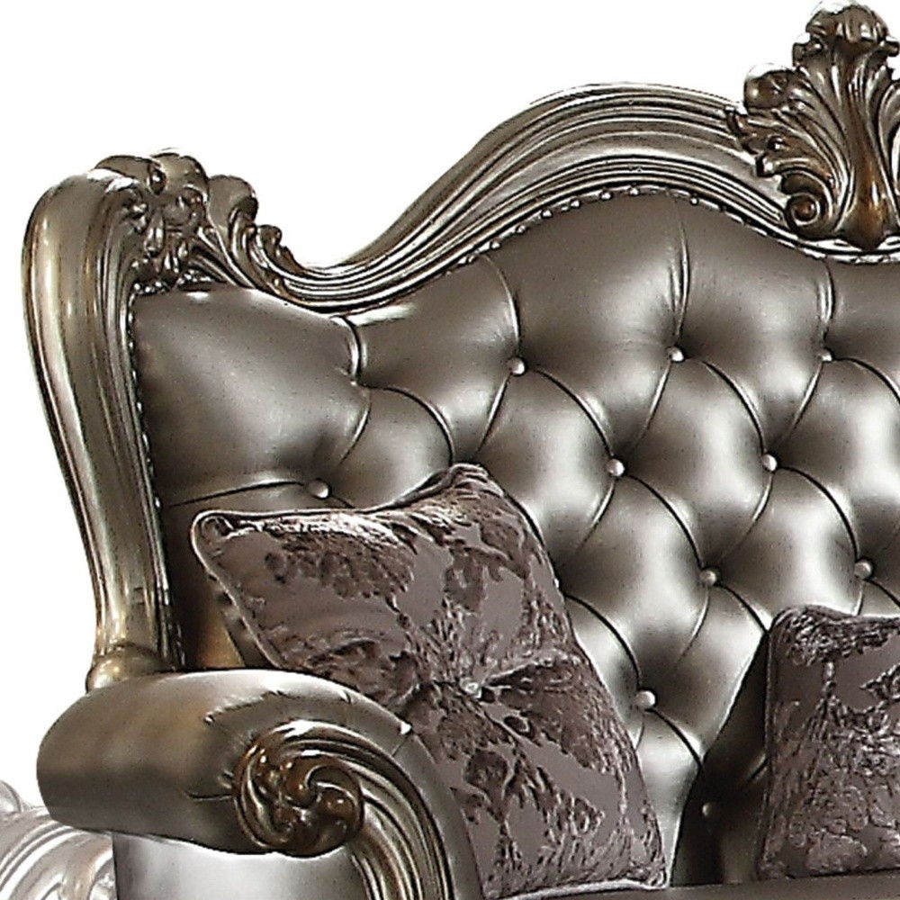 Faux Leather Loveseat And Toss Pillows - Silver / Platinum