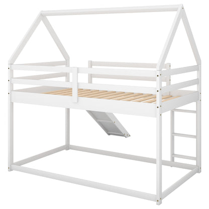 Twin Size Bunk House Bed with Slide and Ladder,White