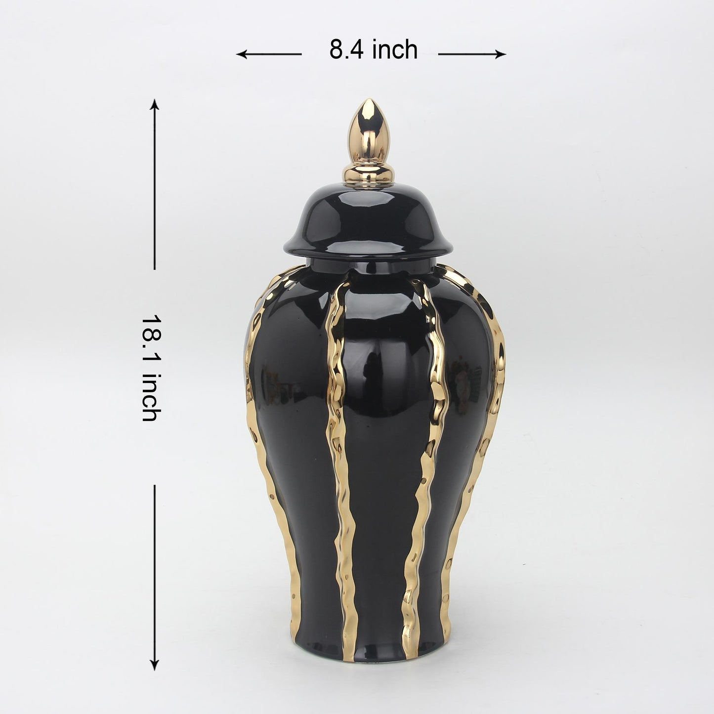 Elegant Ceramic Ginger Jar Vase With Gold Accents And Removable Lid - Timeless Home Decor Black