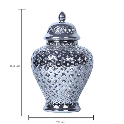 Silver Ceramic Ginger Jar With Decorative Design