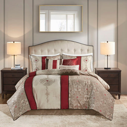 7 Piece Jacquard Comforter Set, With Throw Pillows - Red