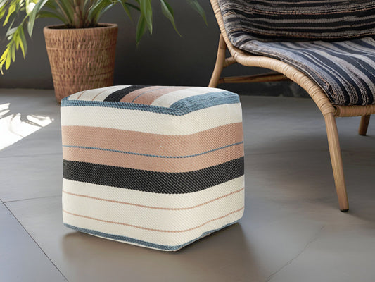 Polyester Striped Indoor Outdoor Pouf Ottoman - White