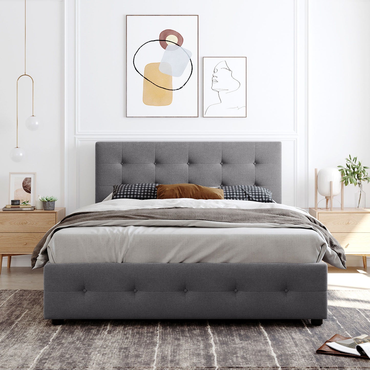 Queen Size Upholstered Platform Bed With Classic Headboard And 4 Drawers, No Box Spring Needed - Light Gray