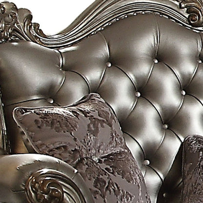 Faux Leather Loveseat And Toss Pillows - Silver / Platinum