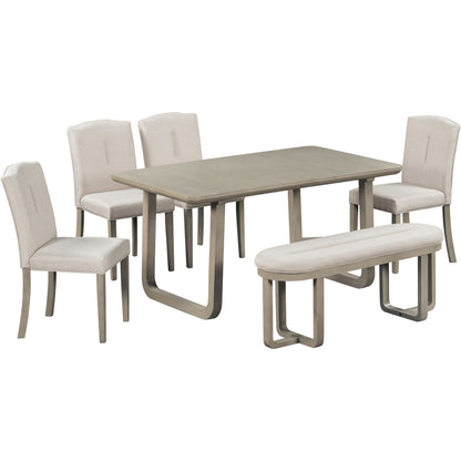 TREXM 6-Piece Retro-Style Dining Set Includes Dining Table, 4 Upholstered Chairs & Bench with Foam-covered Seat Backs&Cushions for Dining Room (Light Khaki+Beige)