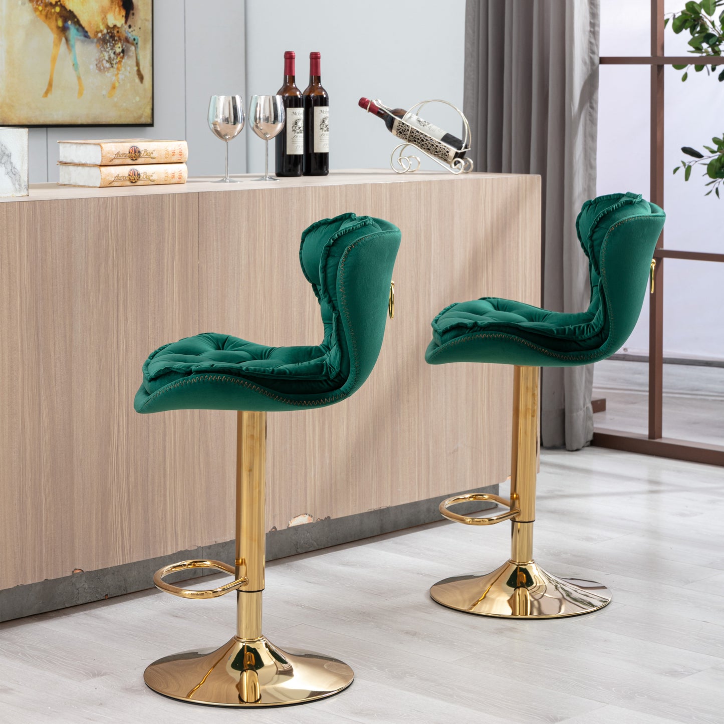 Set of 2  Bar Stools,with Chrome Footrest and Base Swivel Height Adjustable Mechanical Lifting Velvet + Golden Leg Simple Bar Stool-Green