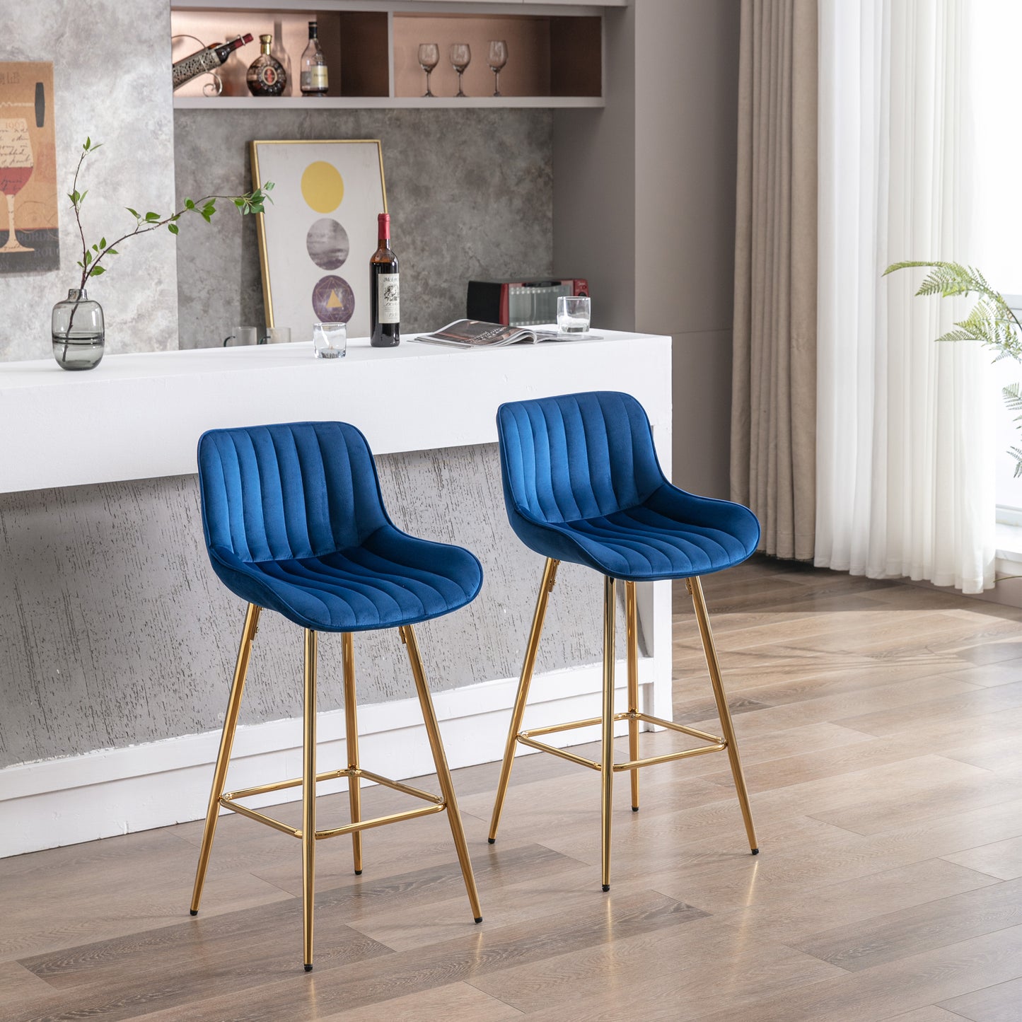 26 Inch Set of 2 Bar Stools,with Steel Frame Footrest Velvet Fabric Golden Leg Simple Bar Stool,BLUE