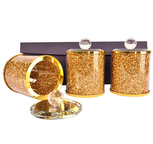 Ambrose Exquisite Tea, Sugar, Coffee Canisters With Tray In Crushed Diamond Glass In Gift Box - Gold