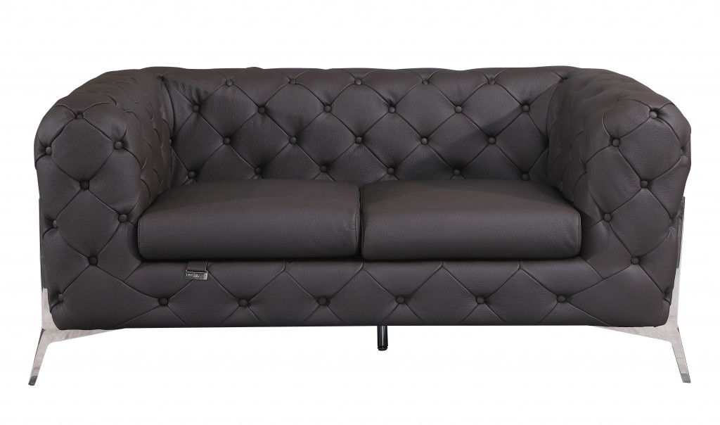 Italian Leather Loveseat - Brown / Silver