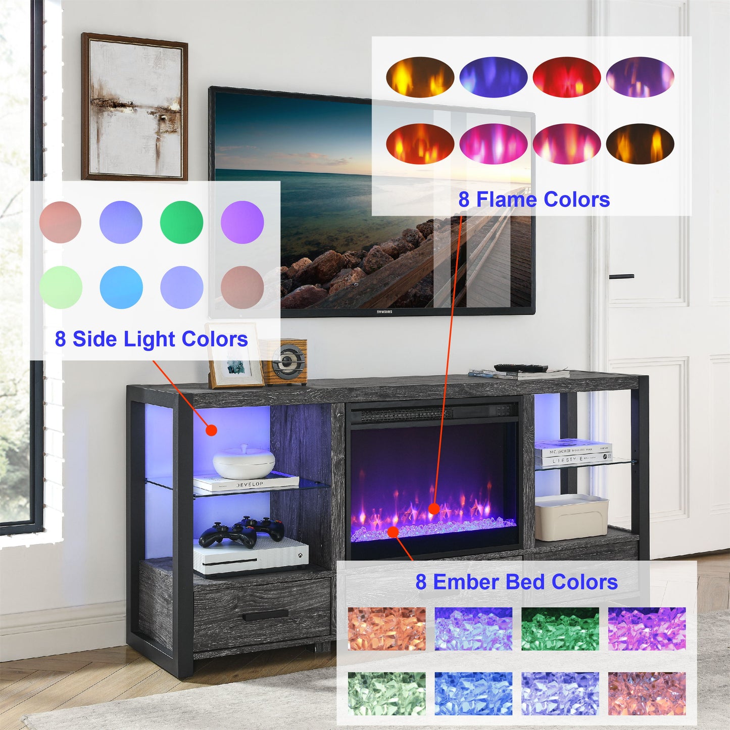 Electric Fireplace Media TV Stand With Sync Colorful LED Lights