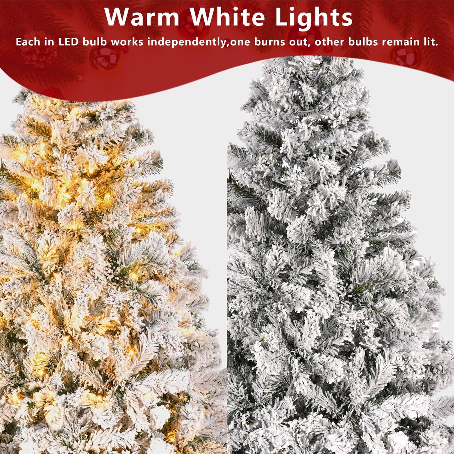 6Ft Prelit Flocked Christmas Tree With 1000 Branch Tips, 250 Warm White Lights