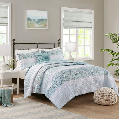 4 Piece Seersucker Quilt Set With Throw Pillow - Aqua