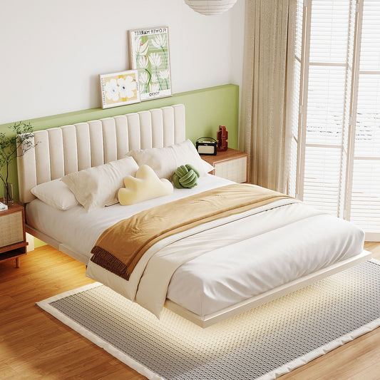 Upholstered Bed With Sensor Light And Headboard, Floating Velvet Platform Bed