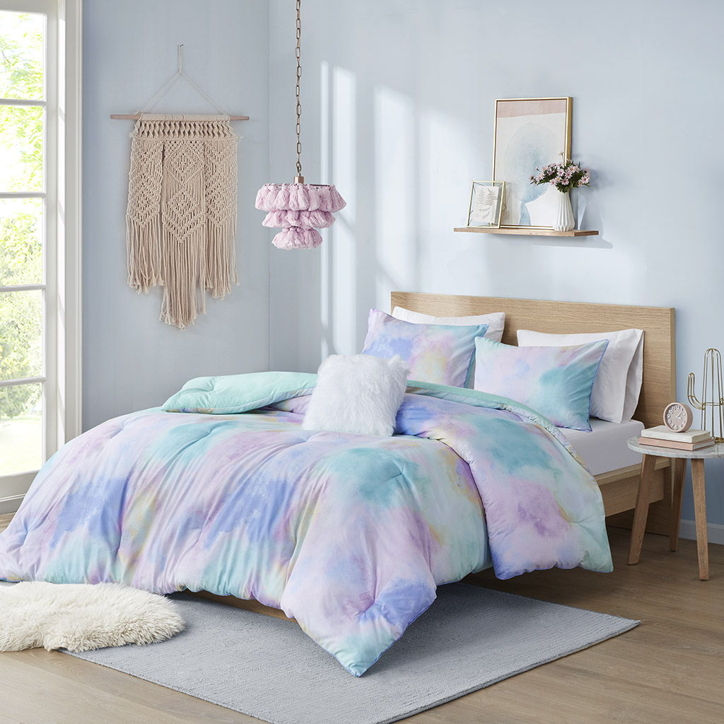 Watercolor Tie Dye Printed Comforter Set With Throw Pillow Aqua