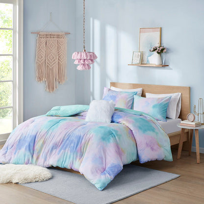 Watercolor Tie Dye Printed Comforter Set With Throw Pillow Aqua