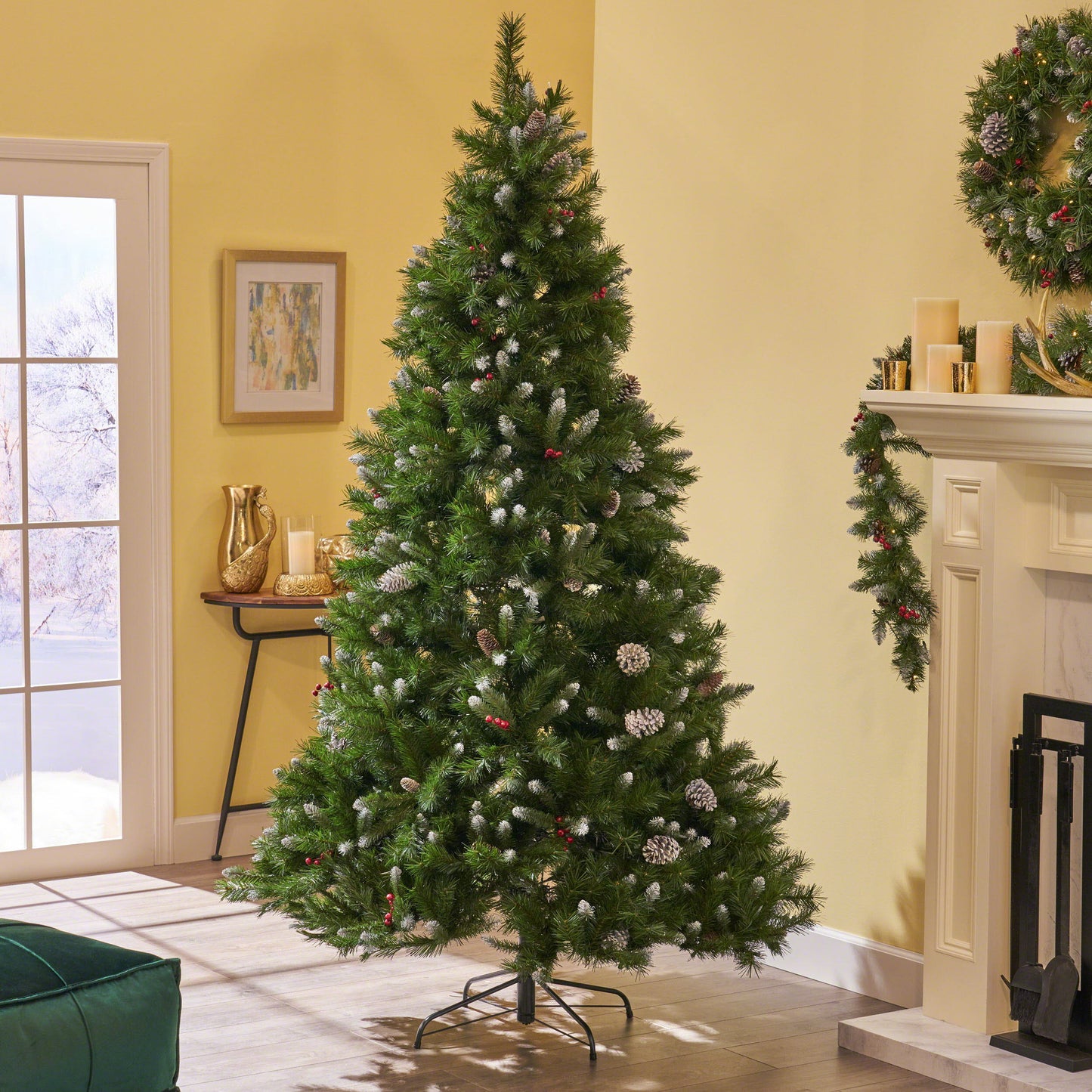 9' Mixed Frosted Hinged Tree With 74 Frosted Pine Cones And 37 Red Berry