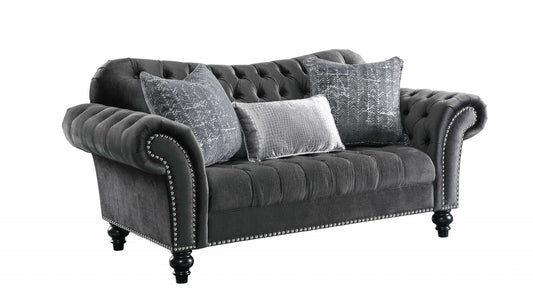 Velvet Loveseat And Toss Pillows - Gray / Black