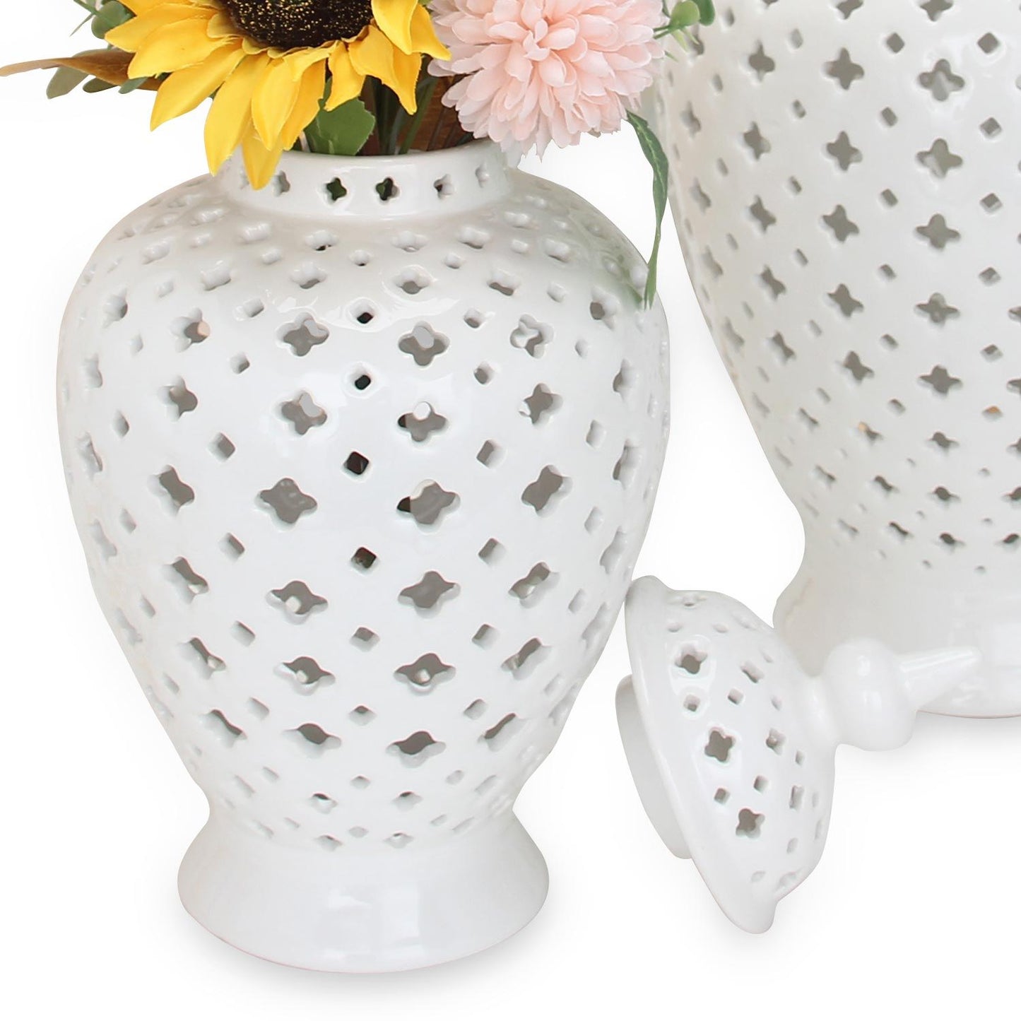 Ceramic Ginger Jar Vase With Decorative Design And Removable Lid - White