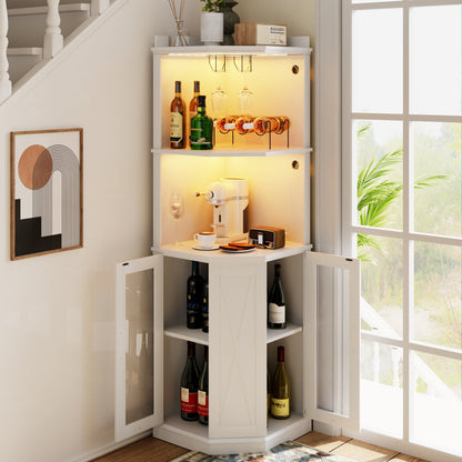 Corner Bar Cabinet With Power Outlet, Farmhouse Wine Bar Cabinet With Adjustable Shelves For Home, With Lights & Glass Rack For Dining Room, Living Room, Kitchen - White