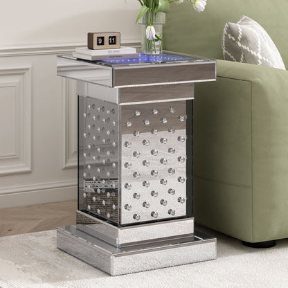 Square Mirrored End Table With Led Lights, Modern Side Table With Crystal Inlay For Living Room