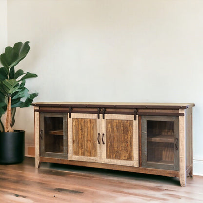 Solid Wooden Cabinet Enclosed Storage Distressed, TV Stand - Brown